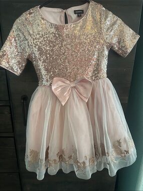 Zunie Rose Gold Sequin & Pink Tulle Bow Party Dress